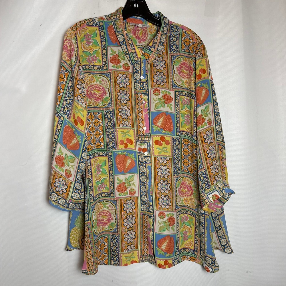 Rose + Olive Womens 2X Fruit Floral Patchwork Sheer Button Up Shirt L/S Boho